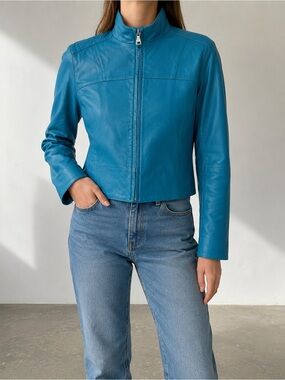Andrew Marc New York Teal Blue Genuine Leather Jacket Size Small Moto Zip Jacket